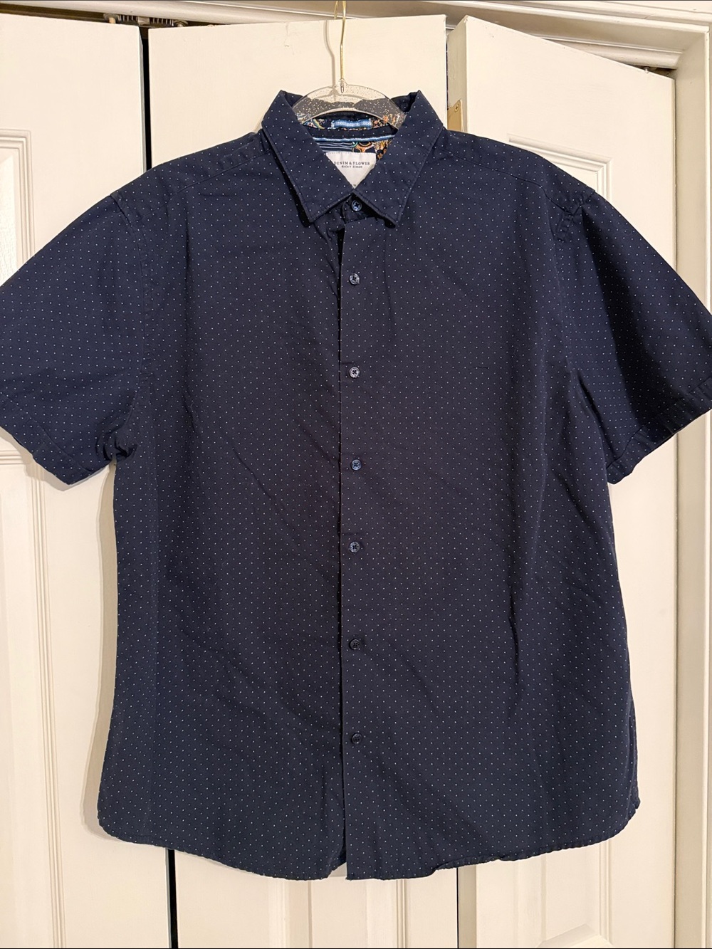 Denim & Flower Navy Short-Sleeve Button-Down with Micro Dot Print